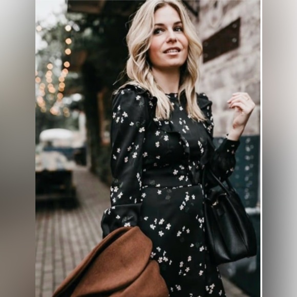 Ann Taylor black ruffle black floral long sleeve dress womens size 00P petite - Picture 2 of 13